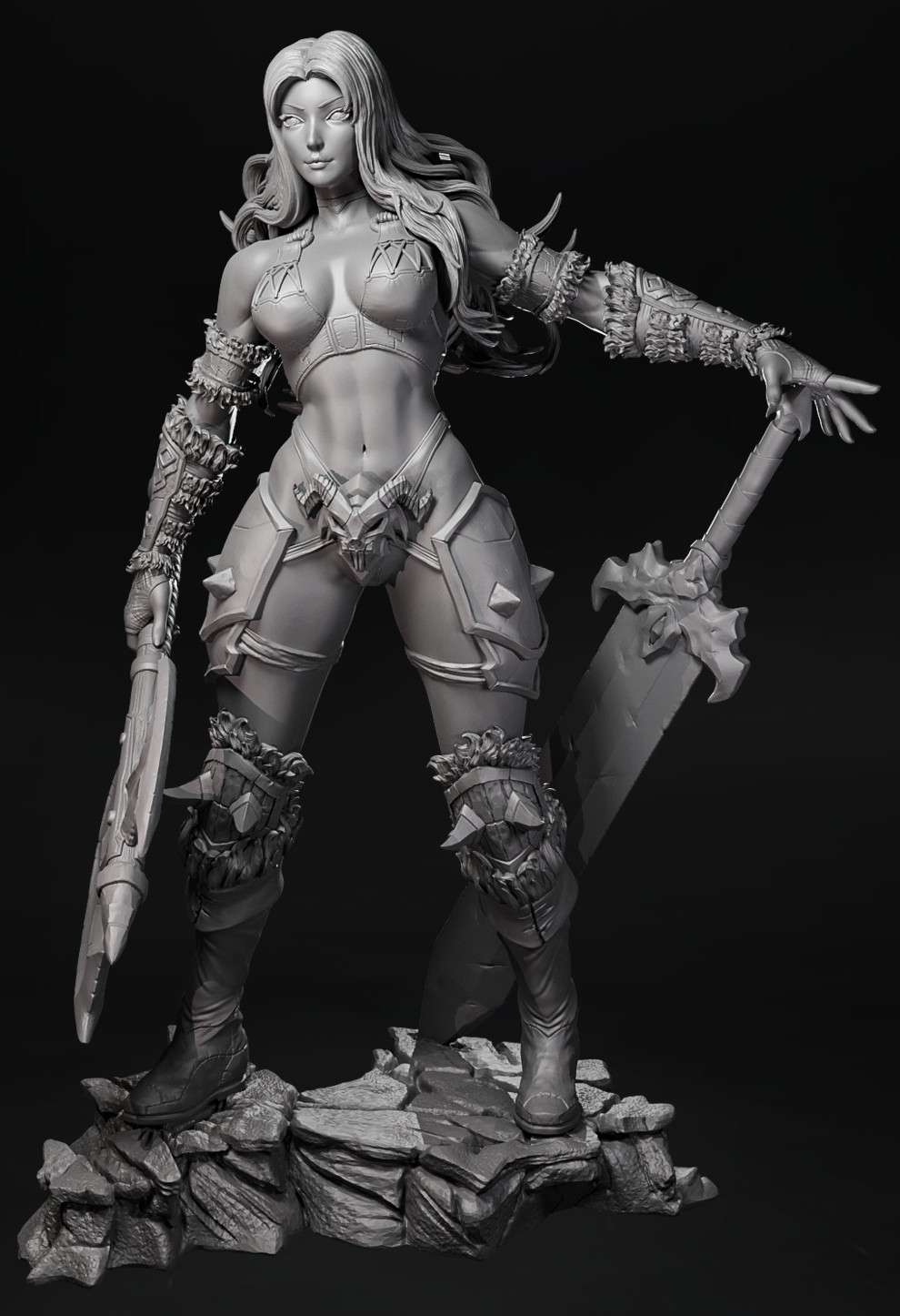 Stonefang Valkyrie – wojowniczka fantasy z mieczem i toporem na skalistej podstawce