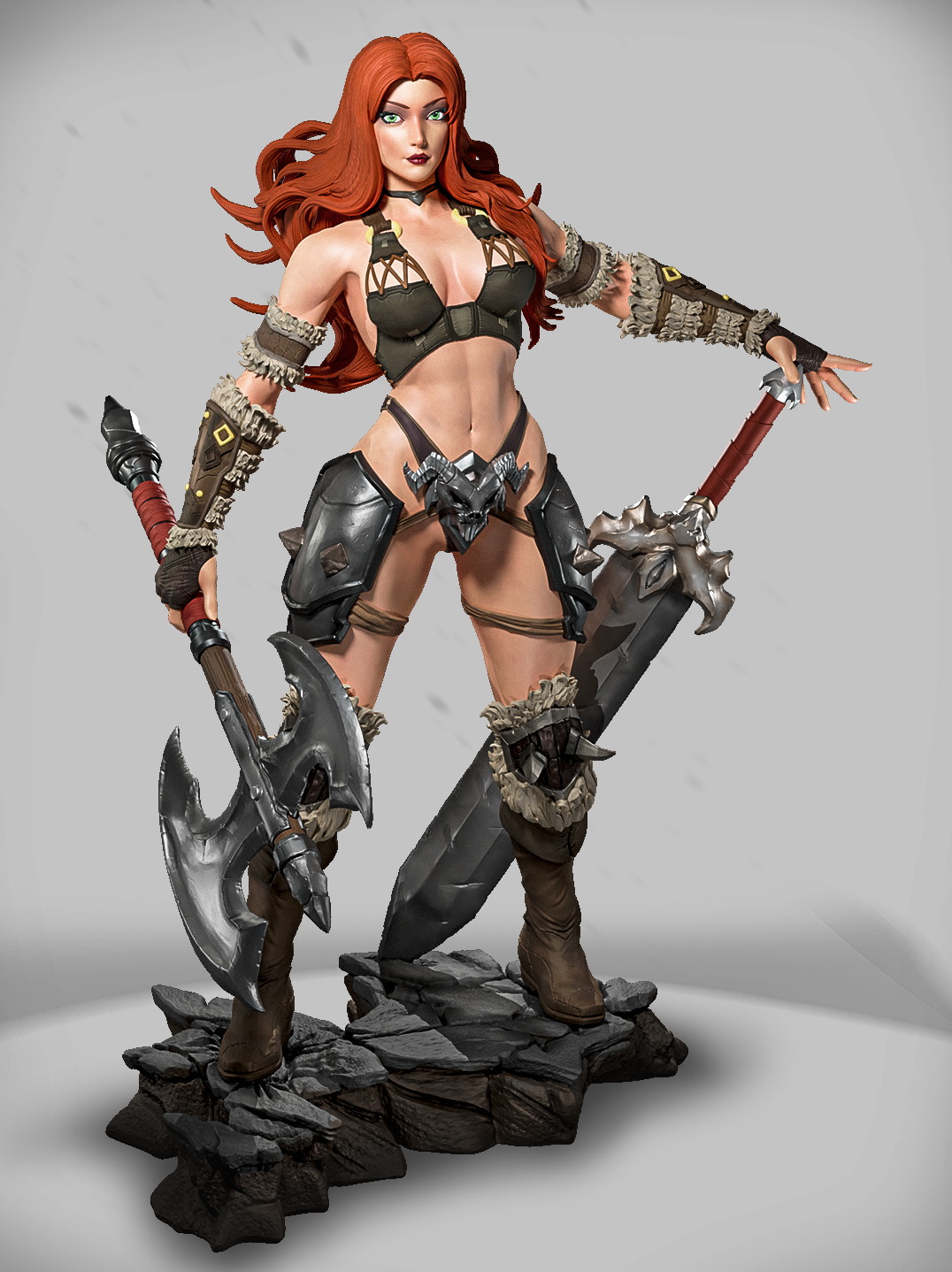 Stonefang Valkyrie – wojowniczka fantasy z mieczem i toporem na skalistej podstawce