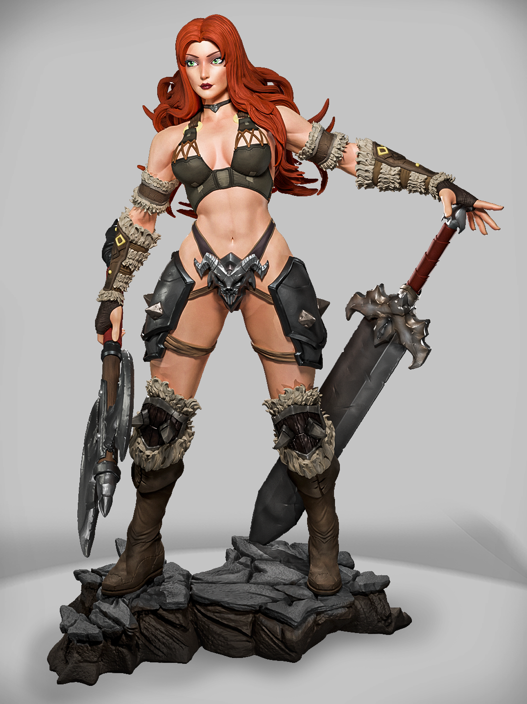 Stonefang Valkyrie – wojowniczka fantasy z mieczem i toporem na skalistej podstawce