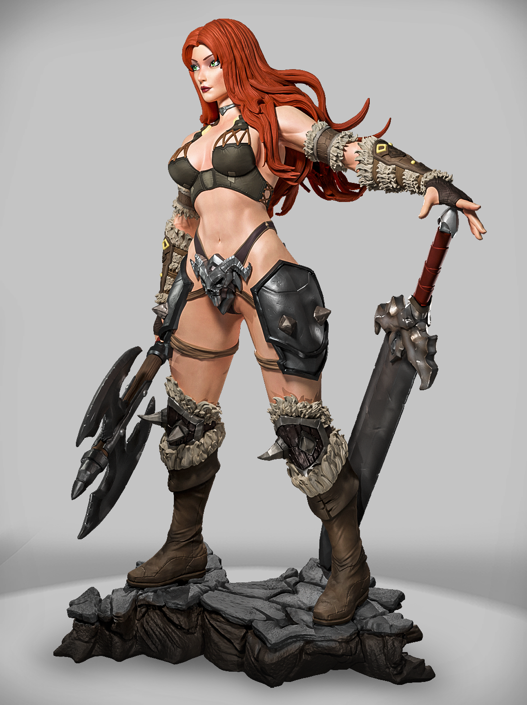 Stonefang Valkyrie – wojowniczka fantasy z mieczem i toporem na skalistej podstawce