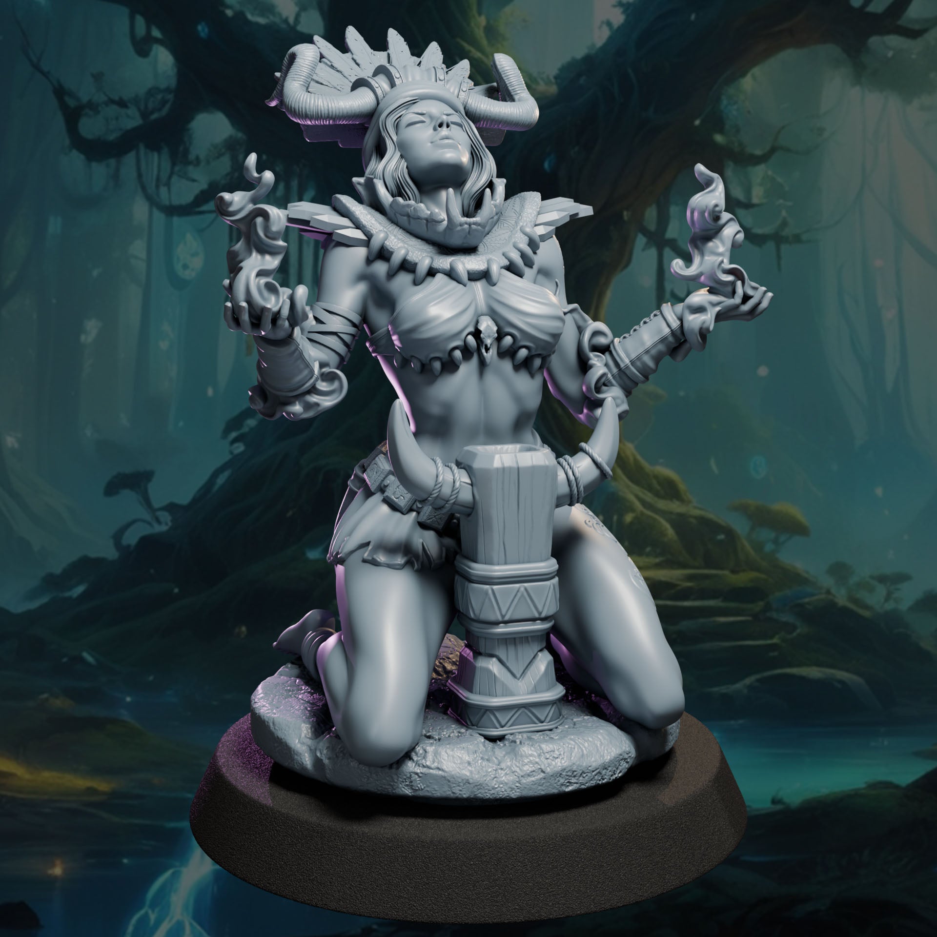 Fantasy female shaman resin sculpture with fire and totem SFW and NSFW