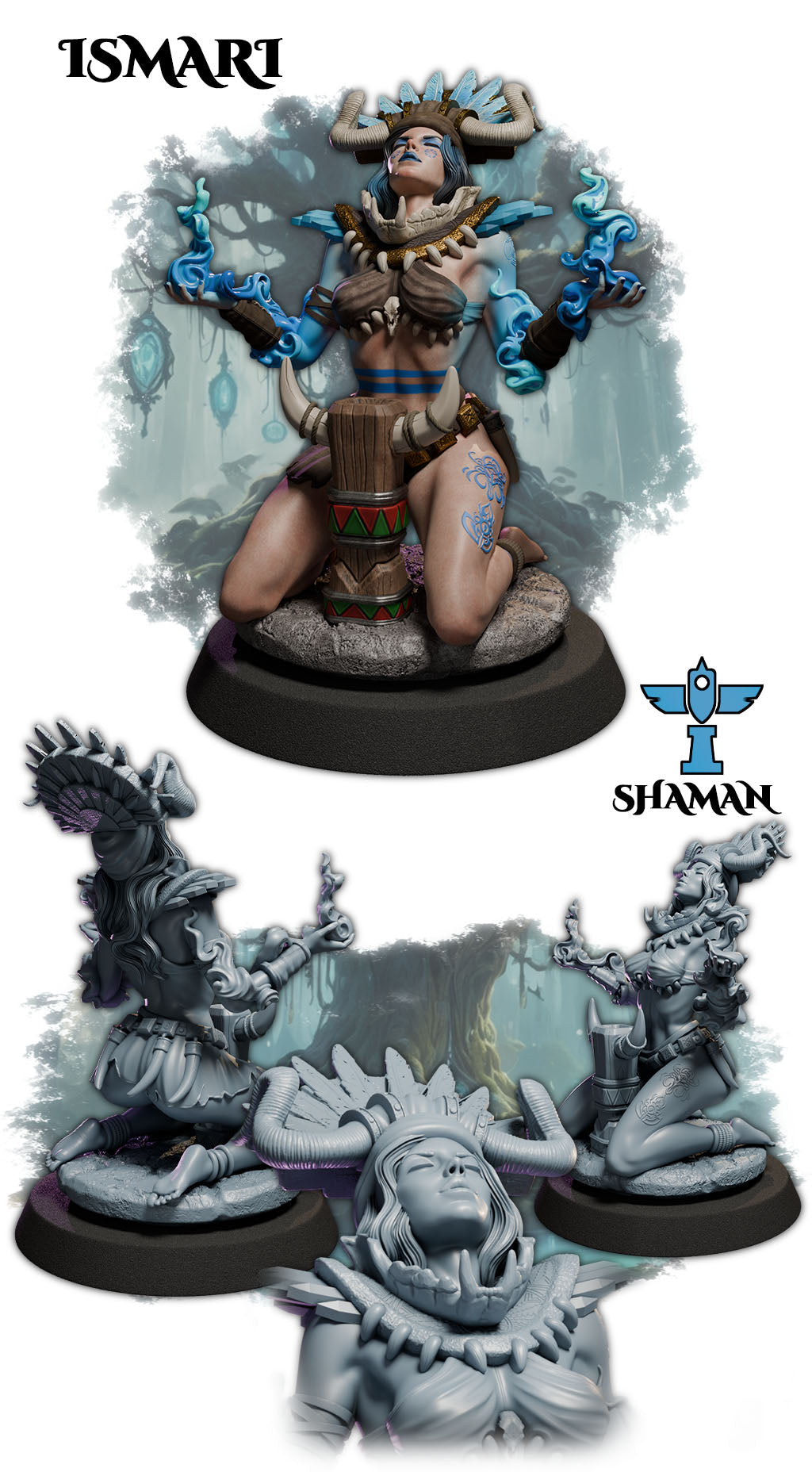 Fantasy female shaman resin sculpture with fire and totem SFW and NSFW