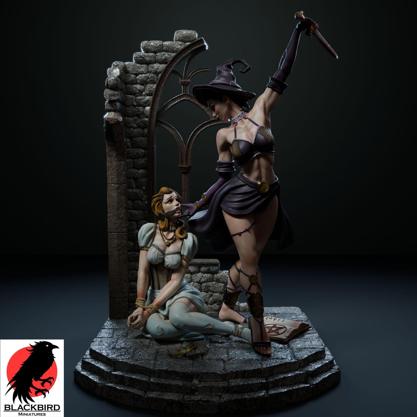 Ritual of Sacrifice figurine by Black Bird Miniatures, depicting a witch with a dagger above a bound maiden, 3D printed in ABS-Like Resin.