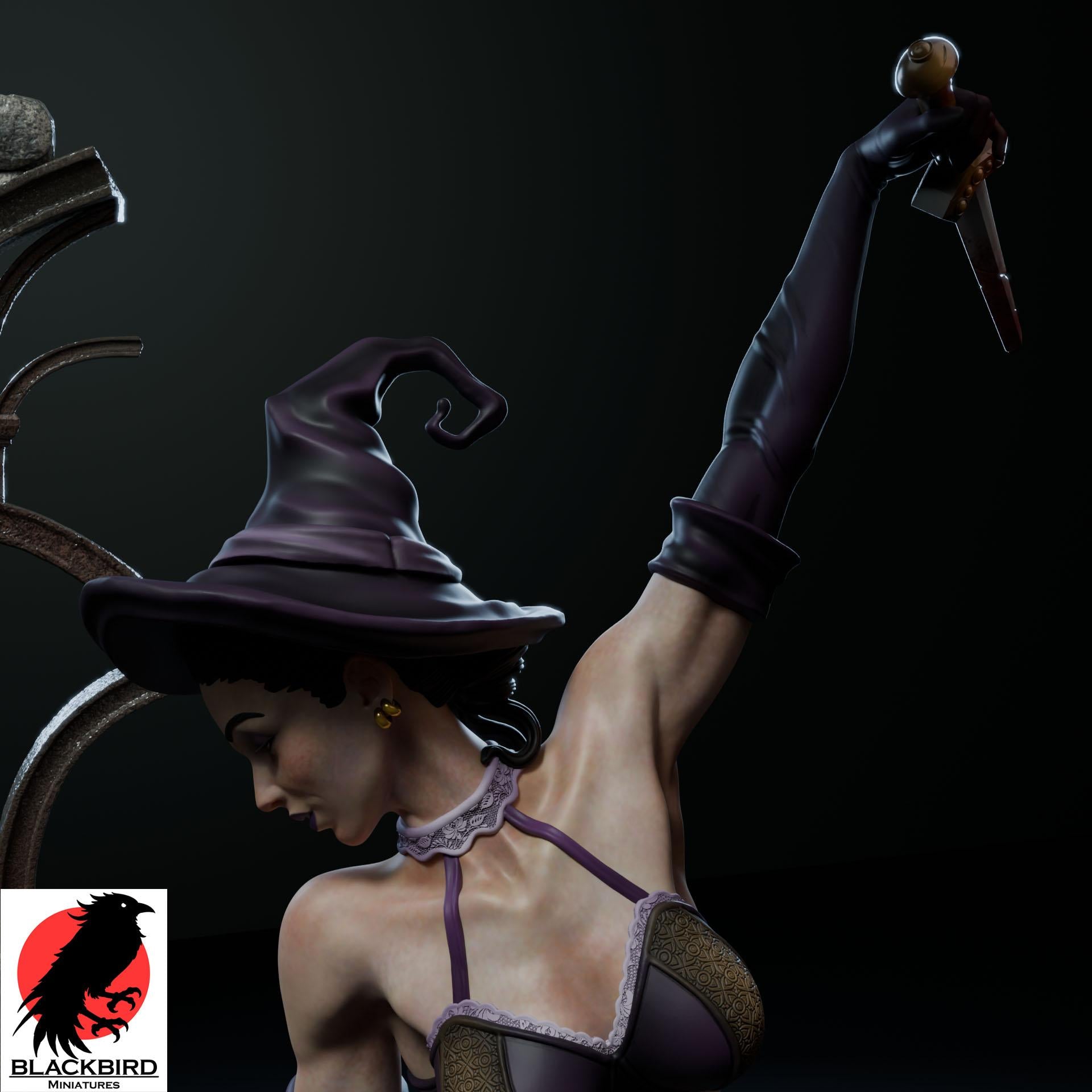 Ritual of Sacrifice figurine by Black Bird Miniatures, depicting a witch with a dagger above a bound maiden, 3D printed in ABS-Like Resin.