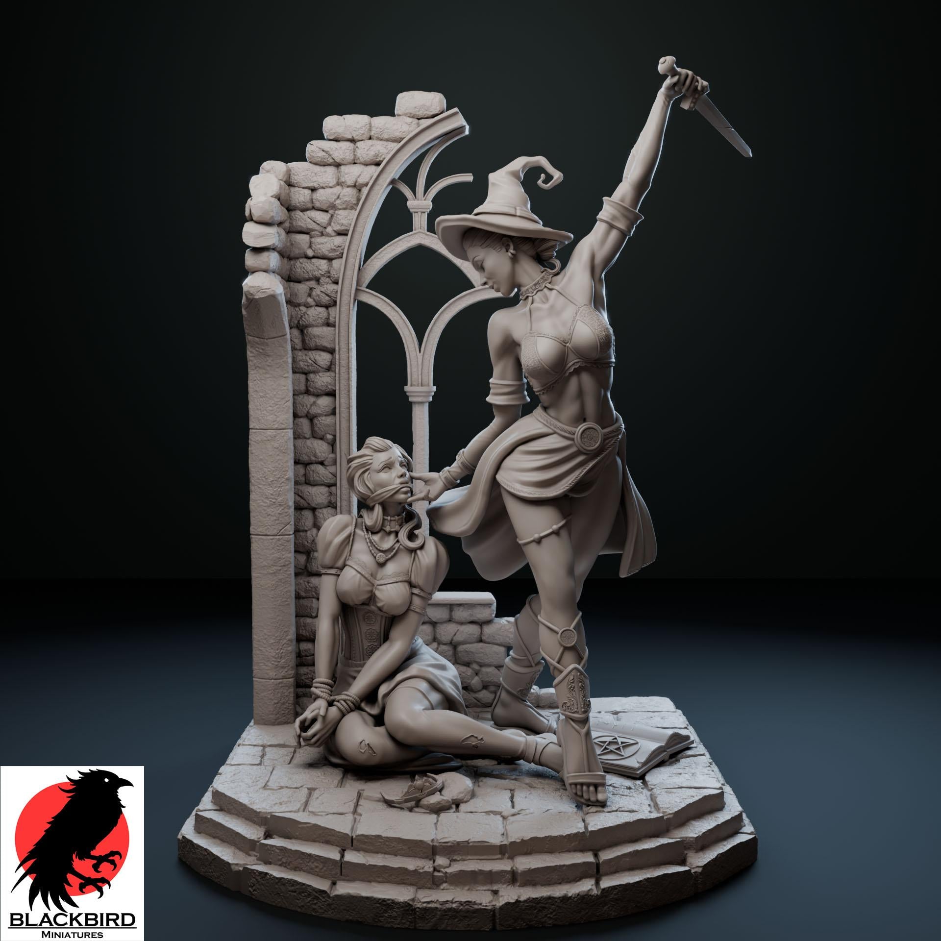 Ritual of Sacrifice figurine by Black Bird Miniatures, depicting a witch with a dagger above a bound maiden, 3D printed in ABS-Like Resin.