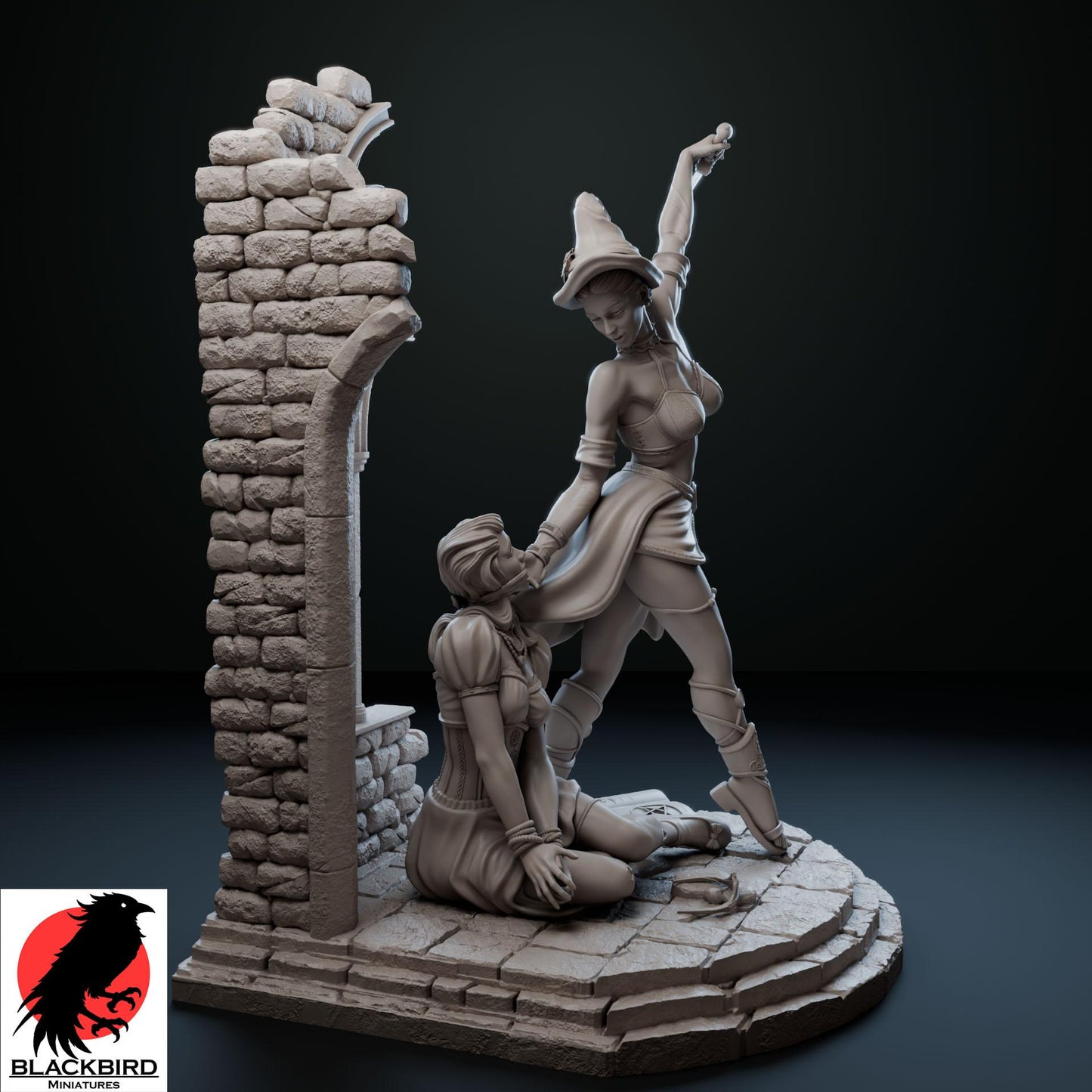 Ritual of Sacrifice figurine by Black Bird Miniatures, depicting a witch with a dagger above a bound maiden, 3D printed in ABS-Like Resin.