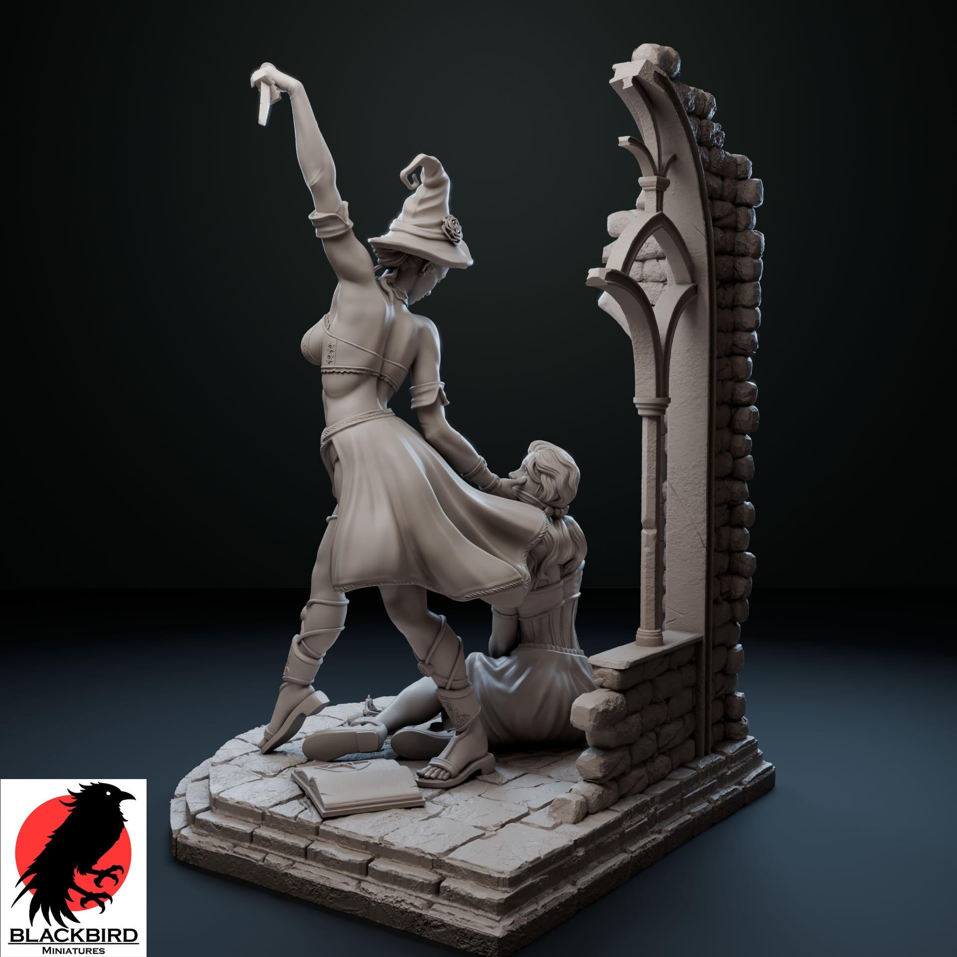 Ritual of Sacrifice figurine by Black Bird Miniatures, depicting a witch with a dagger above a bound maiden, 3D printed in ABS-Like Resin.