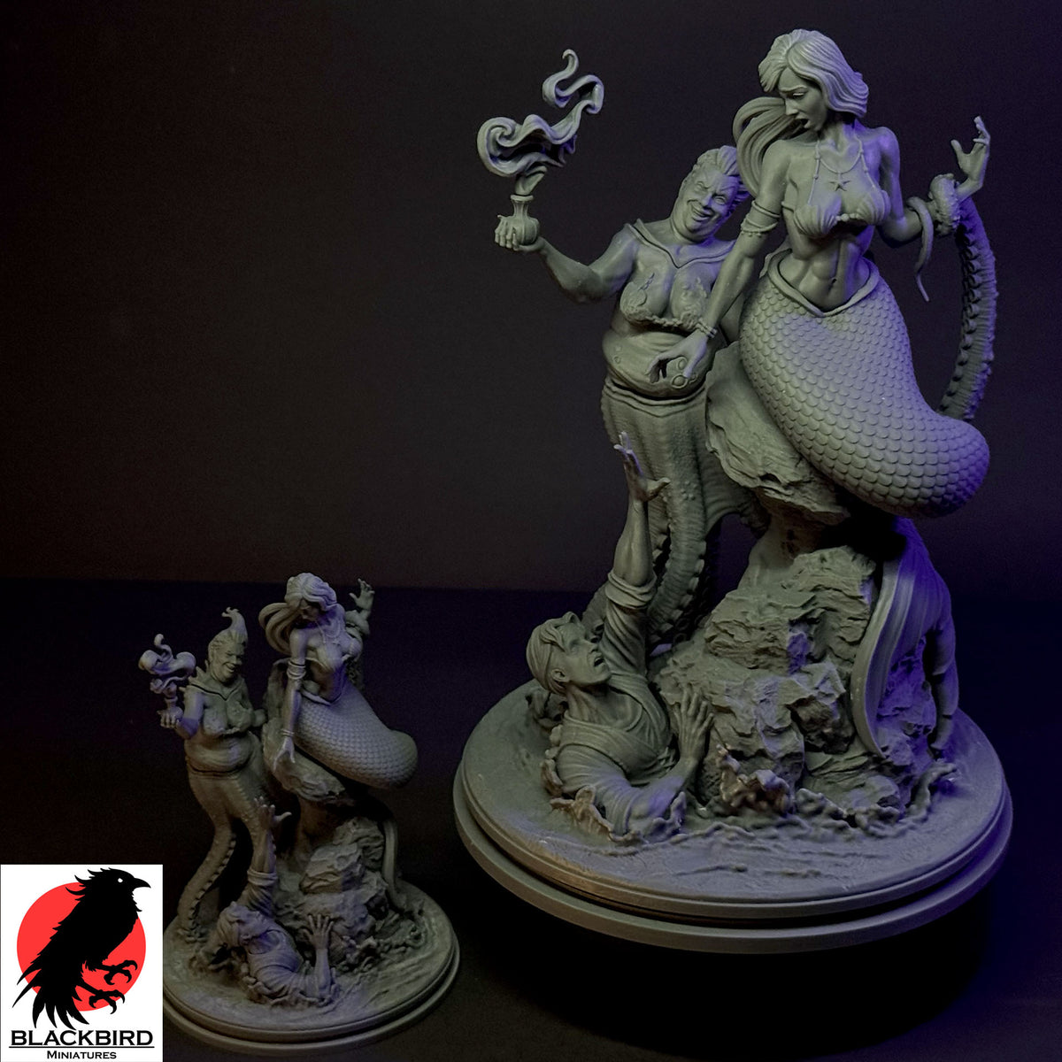 Little Mermaid Dark Tales resin diorama by Black Bird Miniatures featuring a siren, sea monster, and a drowning sailor, unpainted premium 3D print.