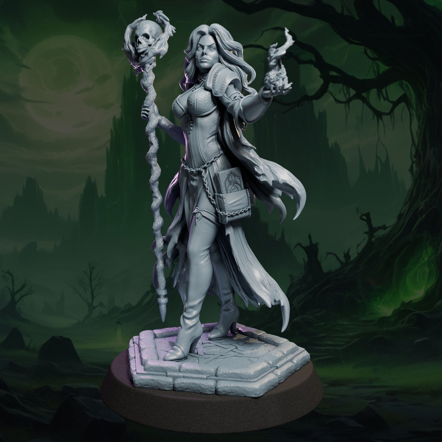 Fantasy female necromancer resin sculpture with skull staff SFW and NSFW