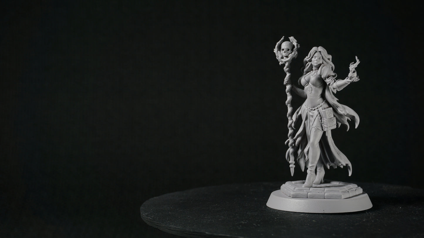 Fantasy female necromancer resin sculpture with skull staff SFW and NSFW