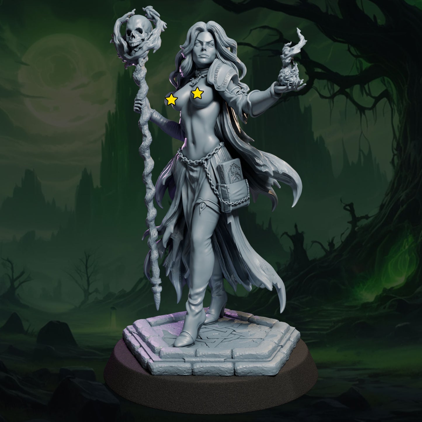 Fantasy female necromancer resin sculpture with skull staff SFW and NSFW