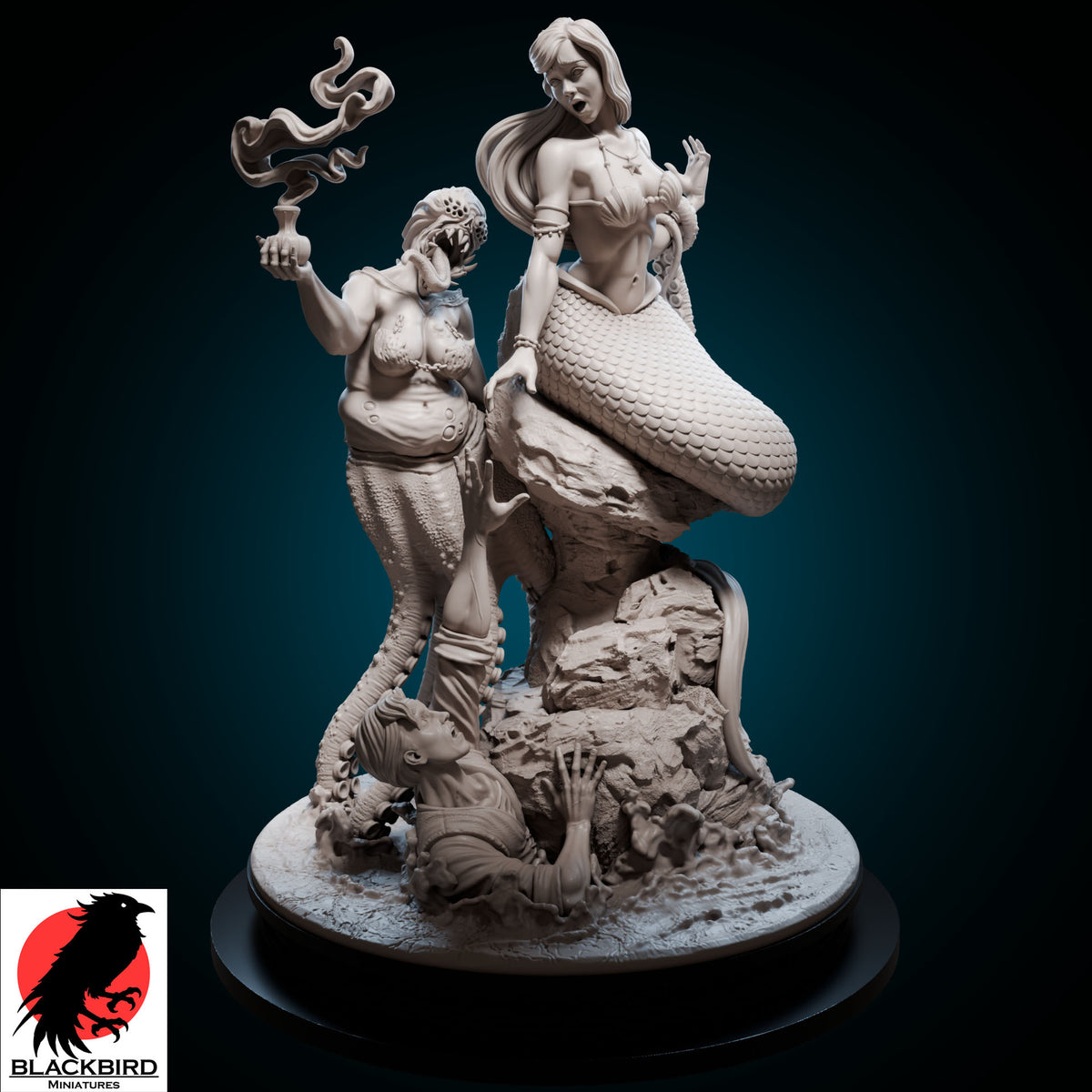 Little Mermaid Dark Tales resin diorama by Black Bird Miniatures featuring a siren, sea monster, and a drowning sailor, unpainted premium 3D print.