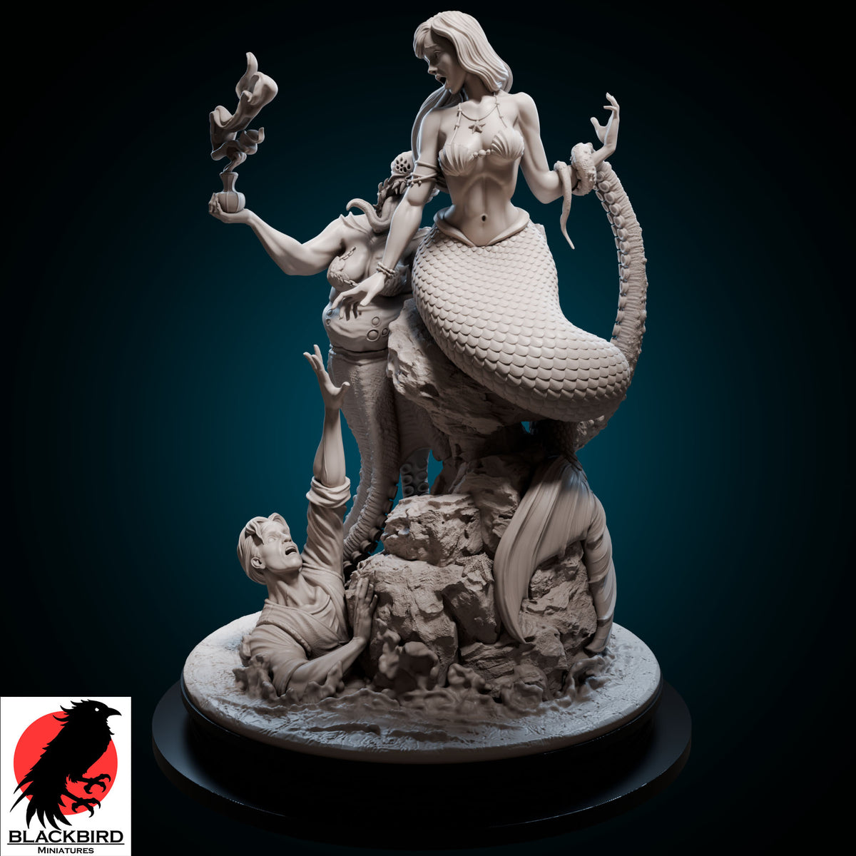 Little Mermaid Dark Tales resin diorama by Black Bird Miniatures featuring a siren, sea monster, and a drowning sailor, unpainted premium 3D print.