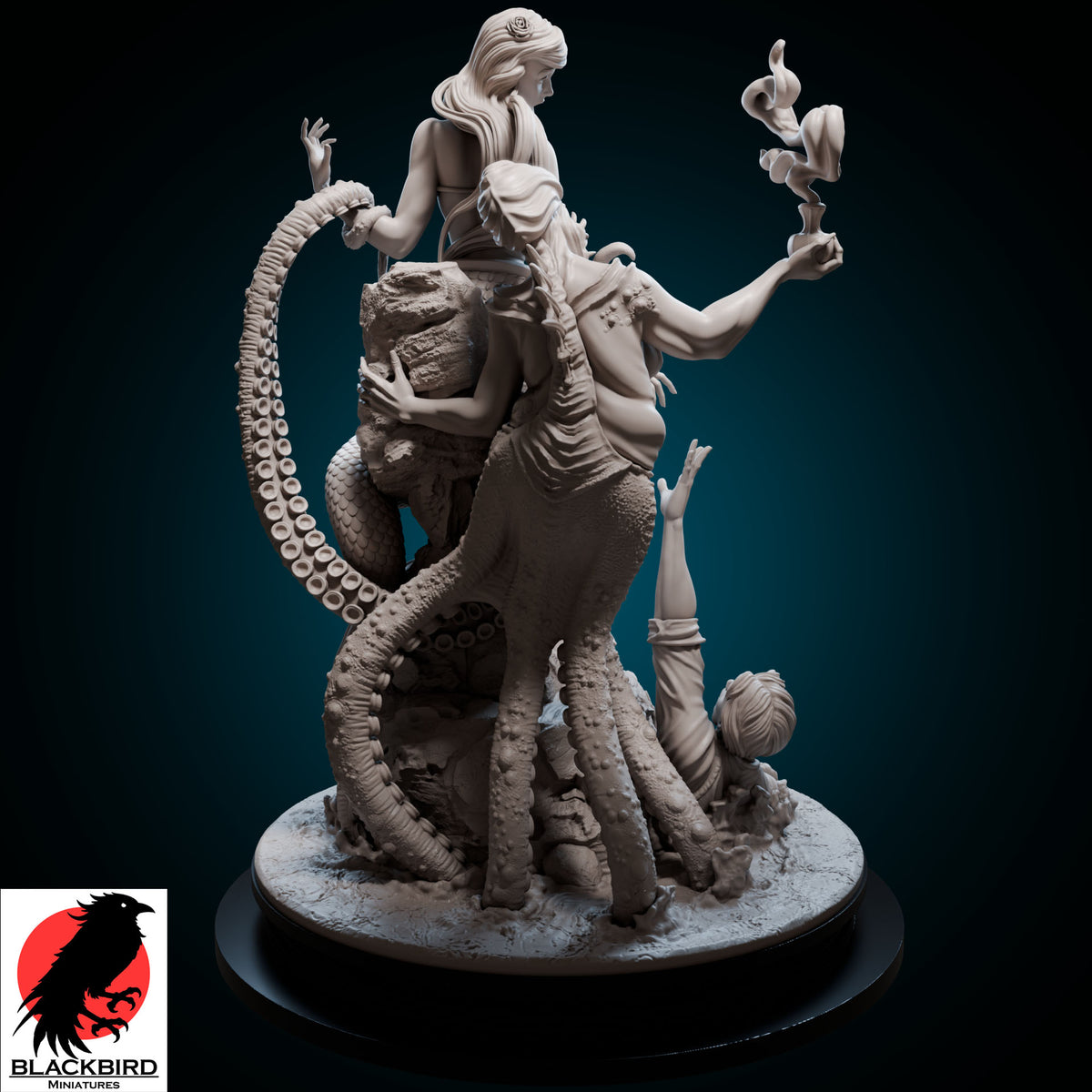 Little Mermaid Dark Tales resin diorama by Black Bird Miniatures featuring a siren, sea monster, and a drowning sailor, unpainted premium 3D print.