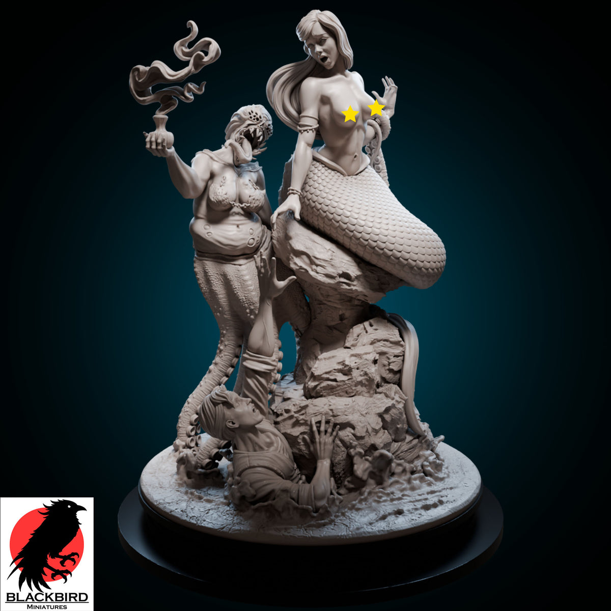 Little Mermaid Dark Tales resin diorama by Black Bird Miniatures featuring a siren, sea monster, and a drowning sailor, unpainted premium 3D print.