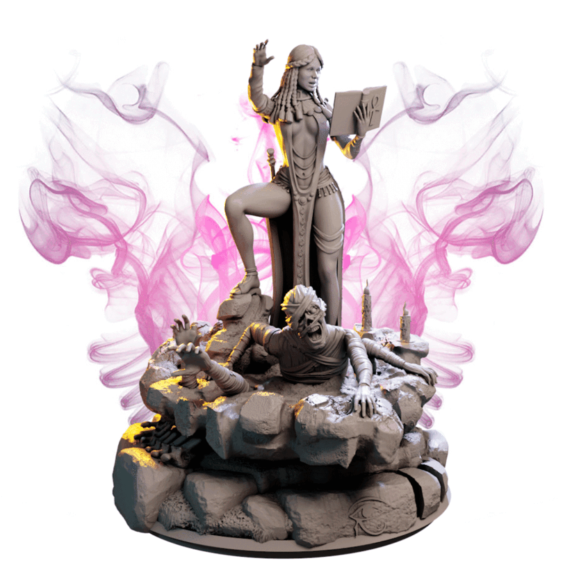 Marwa – Nekromantka Pustyni — figurka z księgą i mumią, skala 32 mm