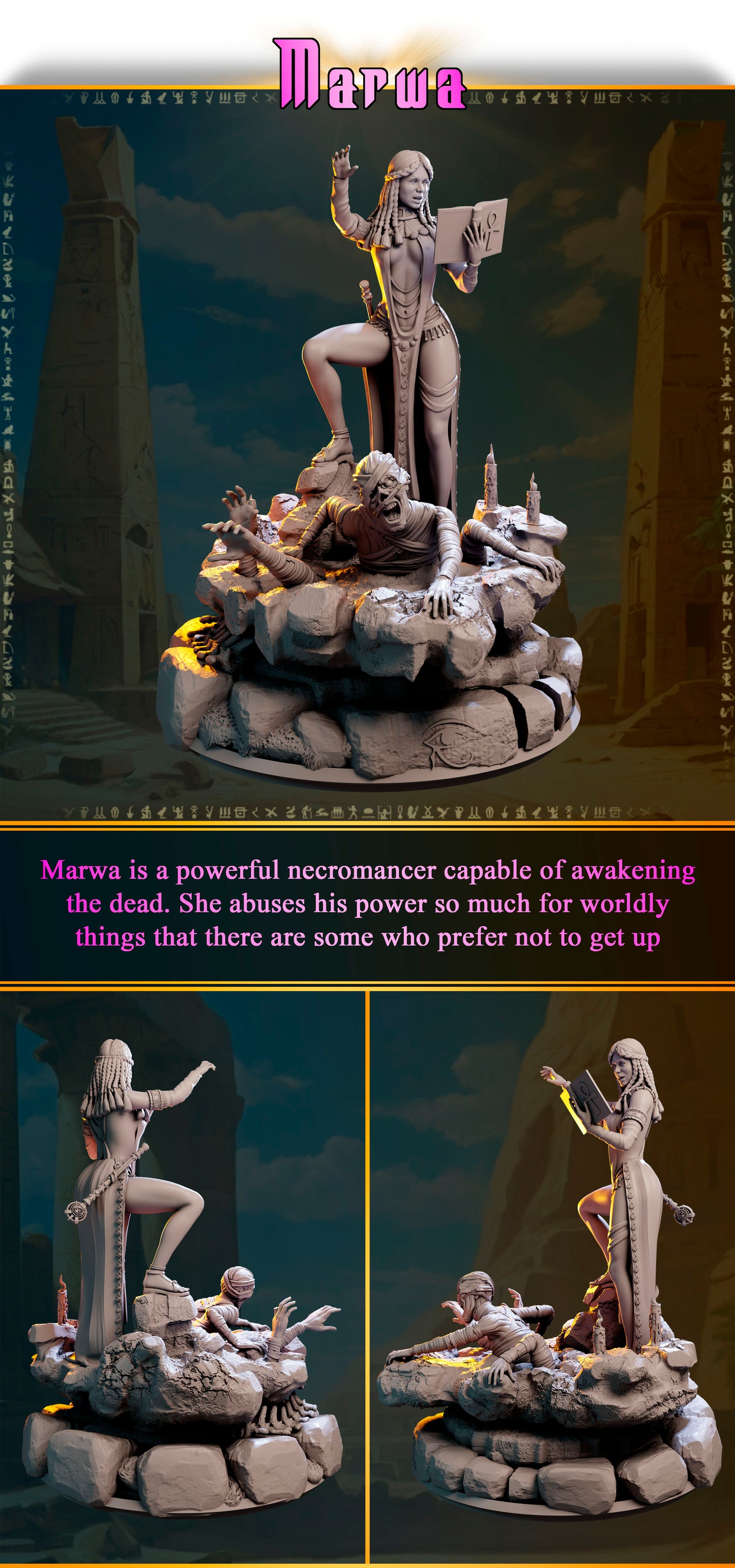 Marwa – Nekromantka Pustyni — figurka z księgą i mumią, skala 32 mm