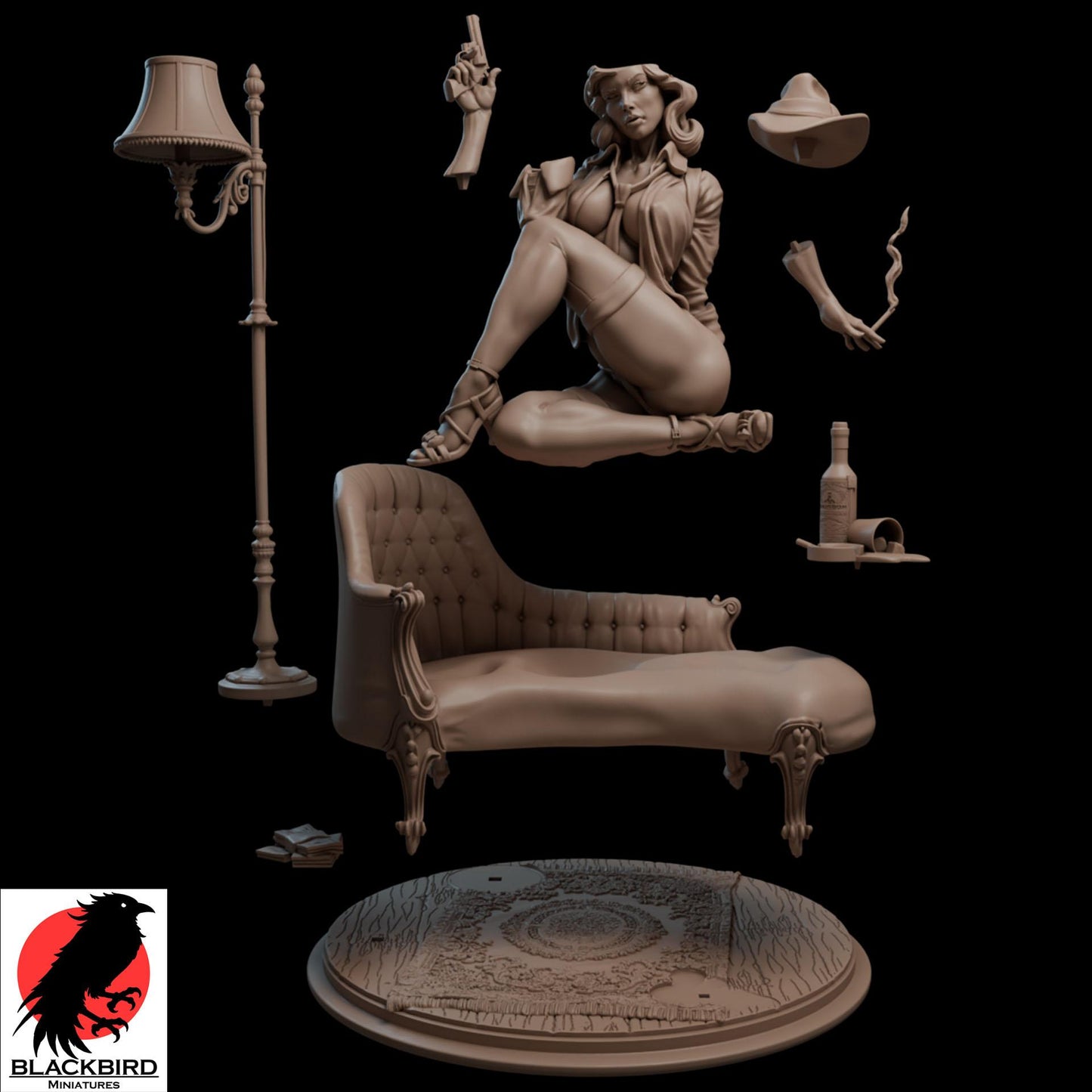Detective Margaret "Maggie" Monroe resin pin-up figurine by Black Bird Miniatures, 3D printed for collectors and RPG, featuring a woman in a detective outfit holding a gun and cigarette on a leather chair.
