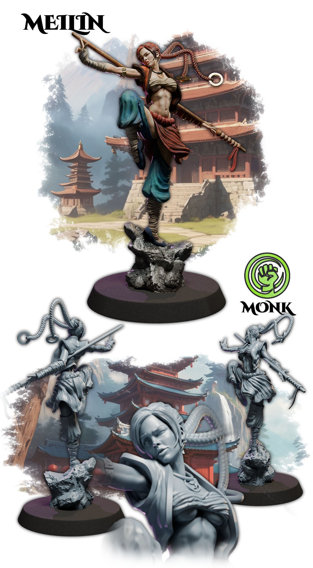 Meillin painted female monk miniature 75mm by Black Bird Miniatures