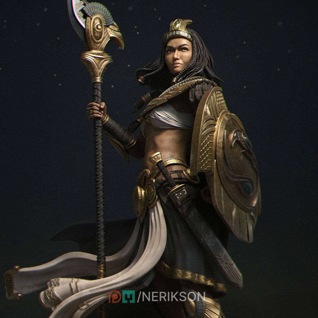 Ankhira The Guardian of Nekhbet resin figurine by Nerikson, showing highly detailed unpainted Egyptian female warrior holding a hawk staff and a snake shield.