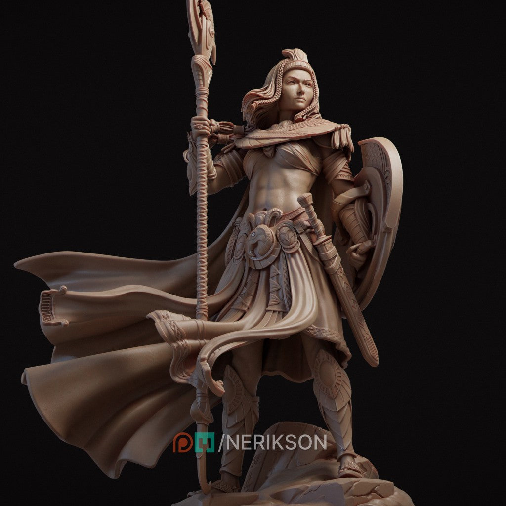 Ankhira The Guardian of Nekhbet resin figurine by Nerikson, showing highly detailed unpainted Egyptian female warrior holding a hawk staff and a snake shield.