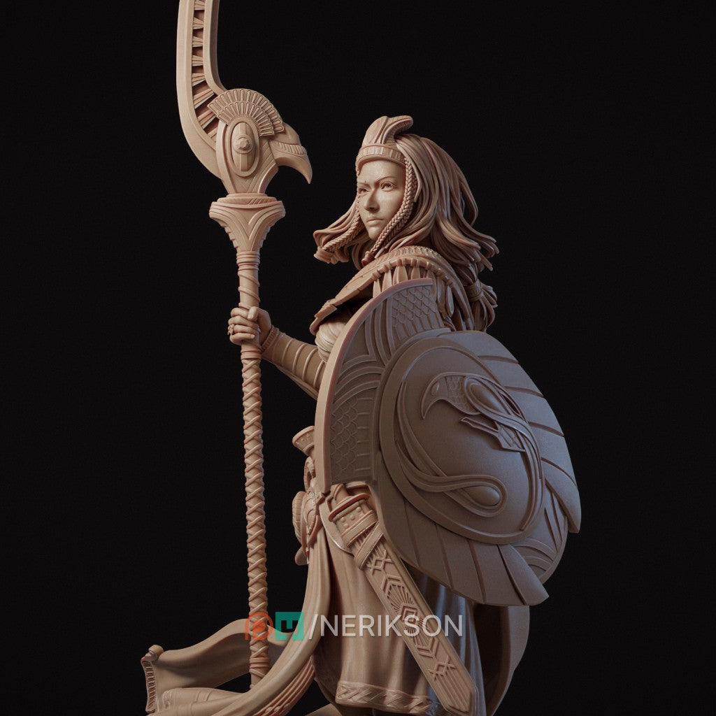 Ankhira The Guardian of Nekhbet resin figurine by Nerikson, showing highly detailed unpainted Egyptian female warrior holding a hawk staff and a snake shield.