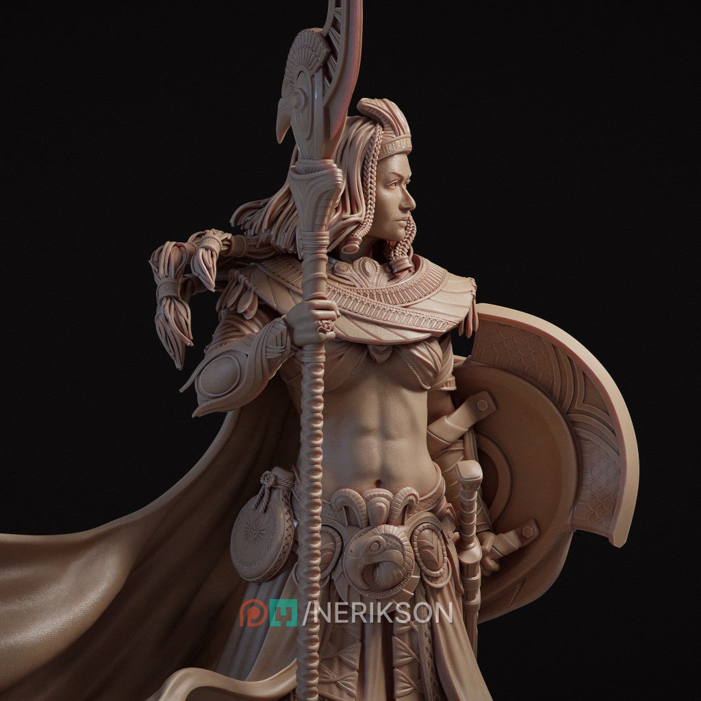 Ankhira The Guardian of Nekhbet resin figurine by Nerikson, showing highly detailed unpainted Egyptian female warrior holding a hawk staff and a snake shield.
