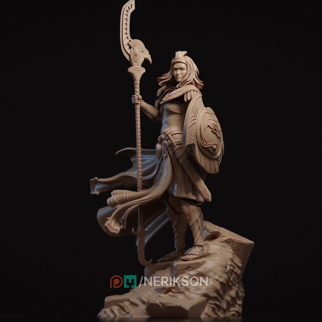 Ankhira The Guardian of Nekhbet resin figurine by Nerikson, showing highly detailed unpainted Egyptian female warrior holding a hawk staff and a snake shield.