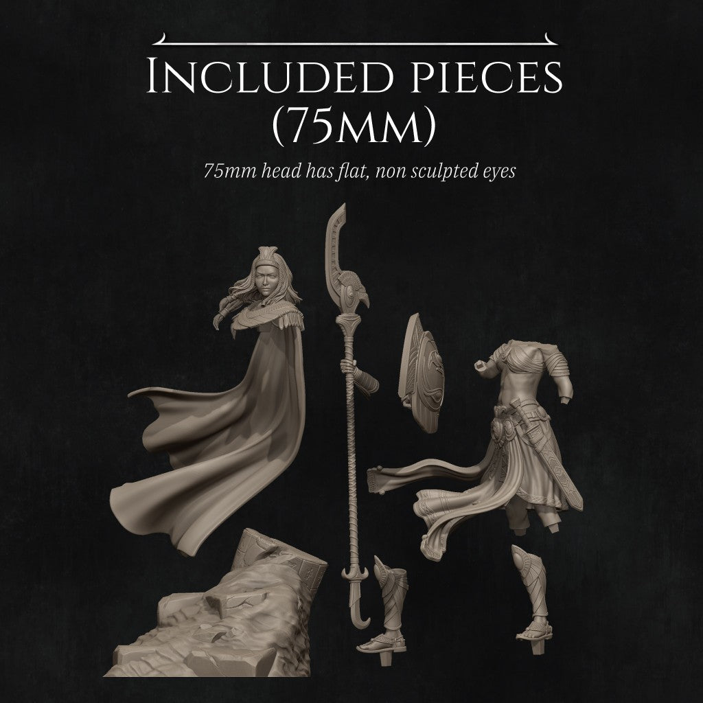 Ankhira The Guardian of Nekhbet resin figurine by Nerikson, showing highly detailed unpainted Egyptian female warrior holding a hawk staff and a snake shield.