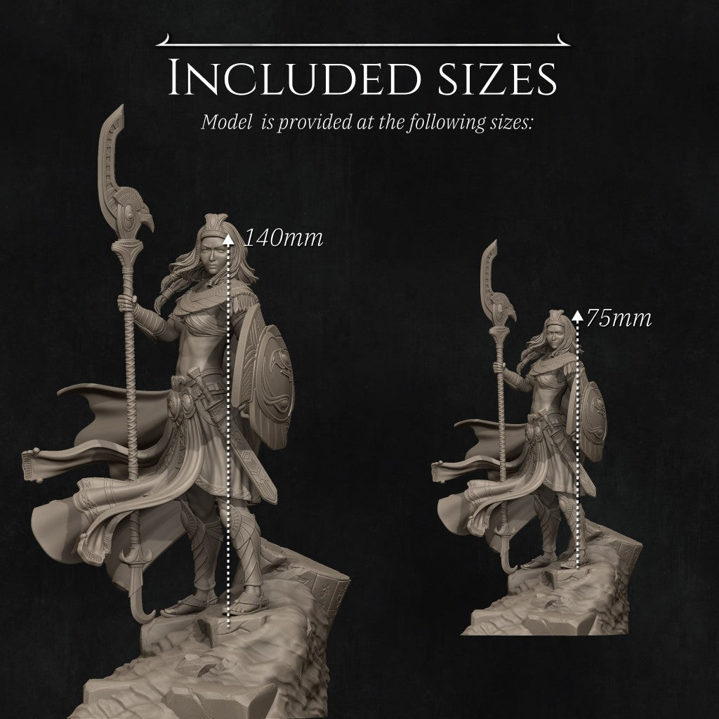 Ankhira The Guardian of Nekhbet resin figurine by Nerikson, showing highly detailed unpainted Egyptian female warrior holding a hawk staff and a snake shield.