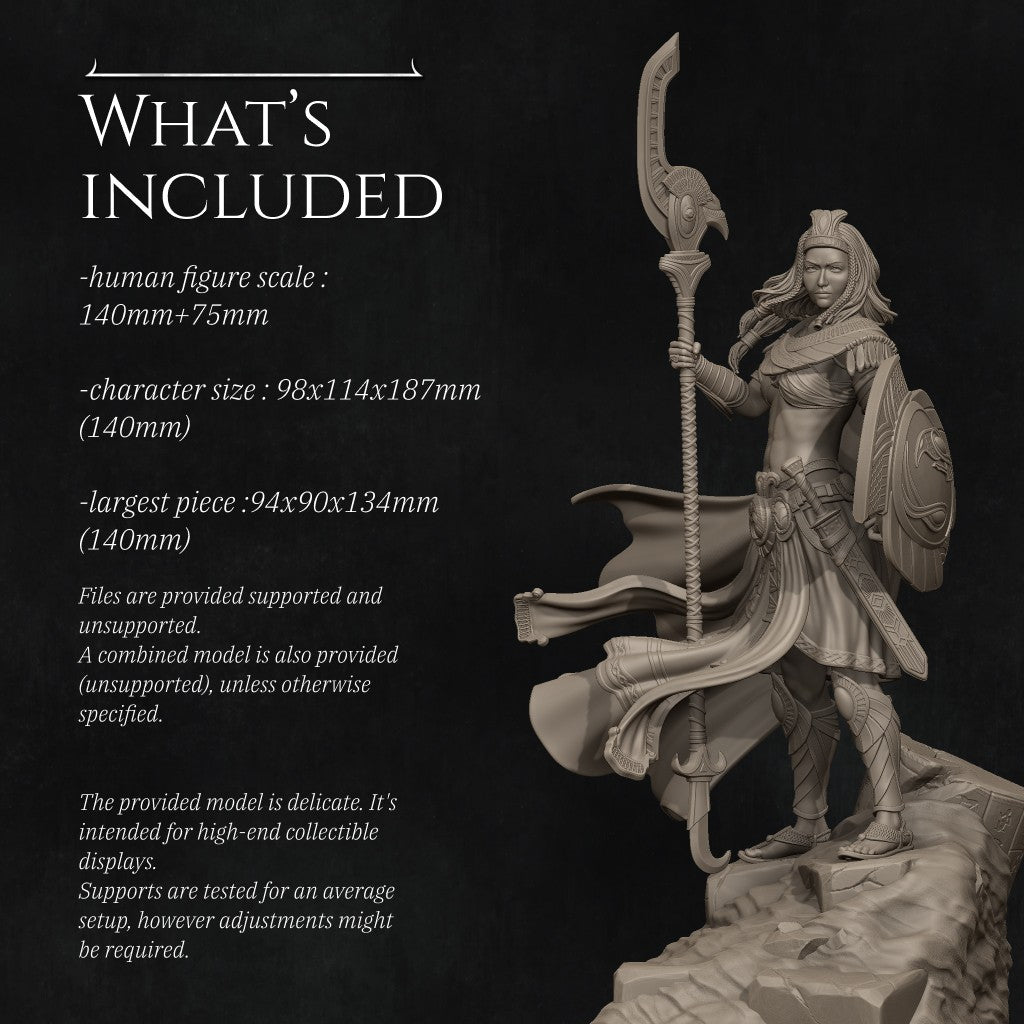 Ankhira The Guardian of Nekhbet resin figurine by Nerikson, showing highly detailed unpainted Egyptian female warrior holding a hawk staff and a snake shield.