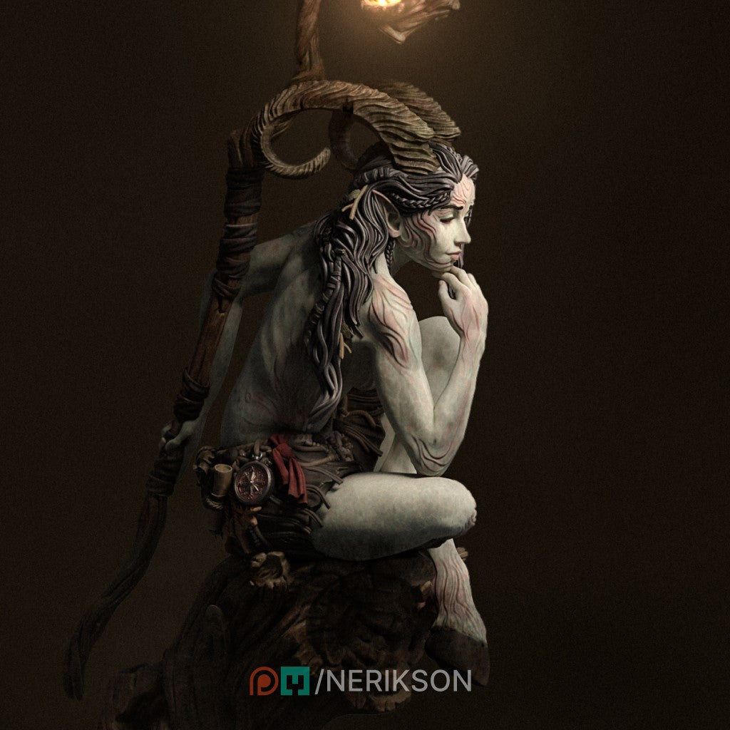 Eshvara the Cursed Faun, a highly detailed 3D printed resin miniature by Nerikson, showing a horned figure with intricate markings in deep thought.