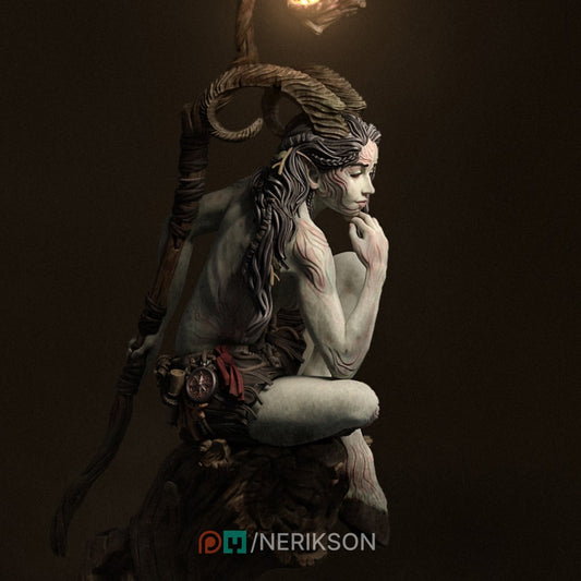 Eshvara the Cursed Faun, a highly detailed 3D printed resin miniature by Nerikson, showing a horned figure with intricate markings in deep thought.