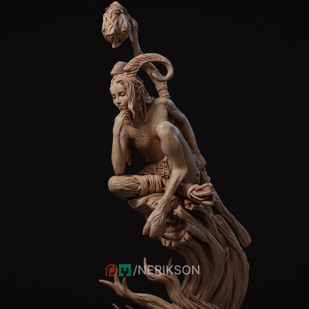 Eshvara the Cursed Faun, a highly detailed 3D printed resin miniature by Nerikson, showing a horned figure with intricate markings in deep thought.