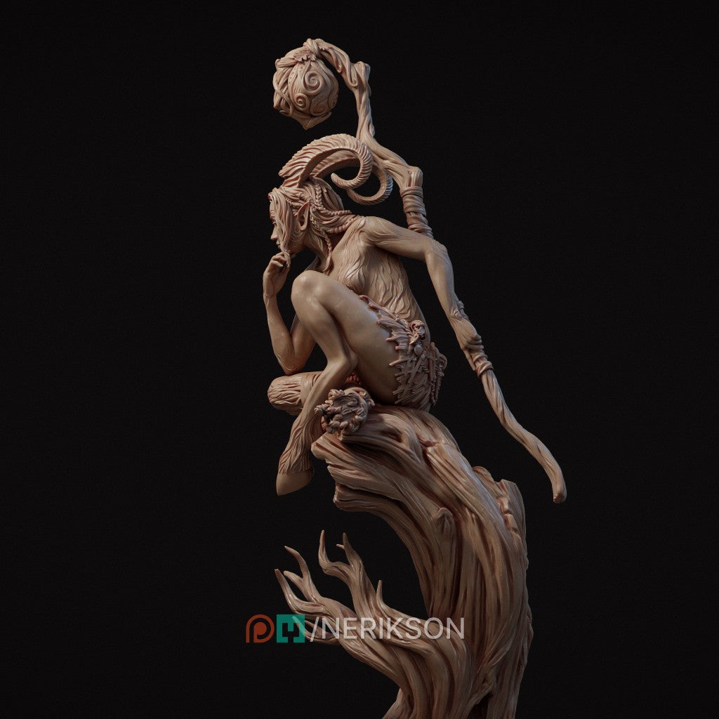 Eshvara the Cursed Faun, a highly detailed 3D printed resin miniature by Nerikson, showing a horned figure with intricate markings in deep thought.