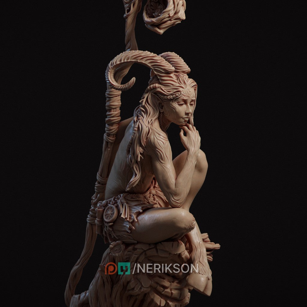 Eshvara the Cursed Faun, a highly detailed 3D printed resin miniature by Nerikson, showing a horned figure with intricate markings in deep thought.