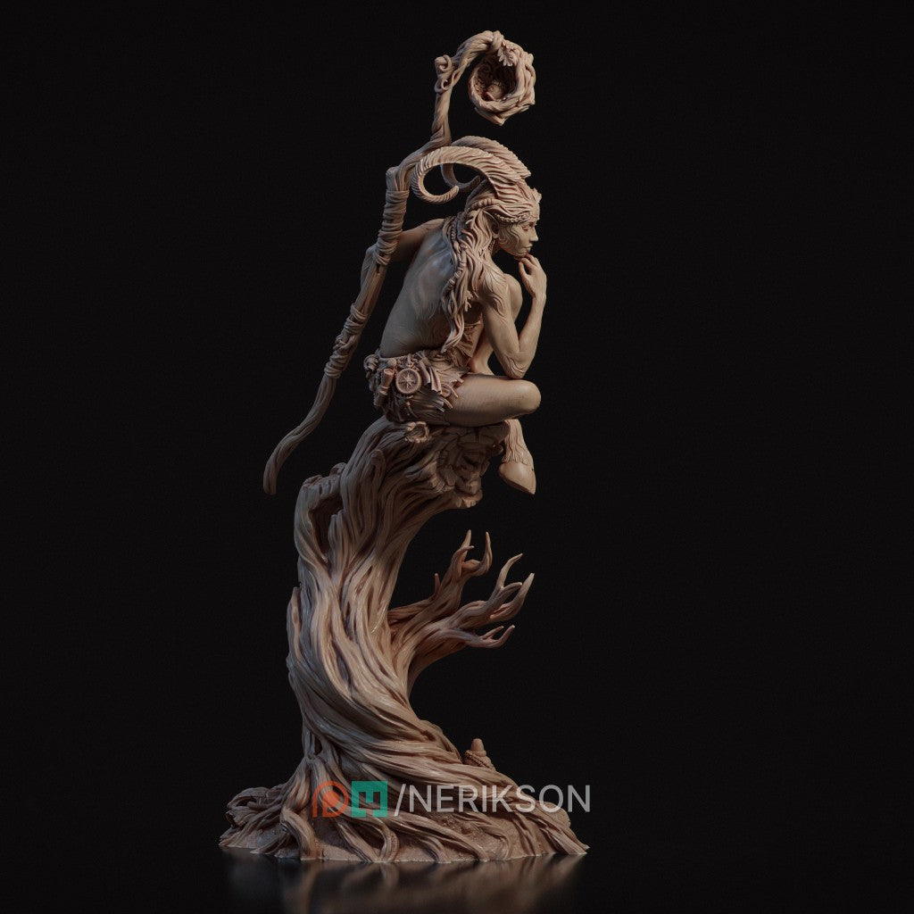 Eshvara the Cursed Faun, a highly detailed 3D printed resin miniature by Nerikson, showing a horned figure with intricate markings in deep thought.