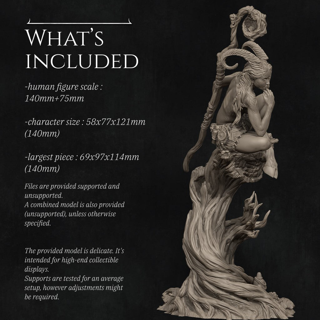 Eshvara the Cursed Faun, a highly detailed 3D printed resin miniature by Nerikson, showing a horned figure with intricate markings in deep thought.