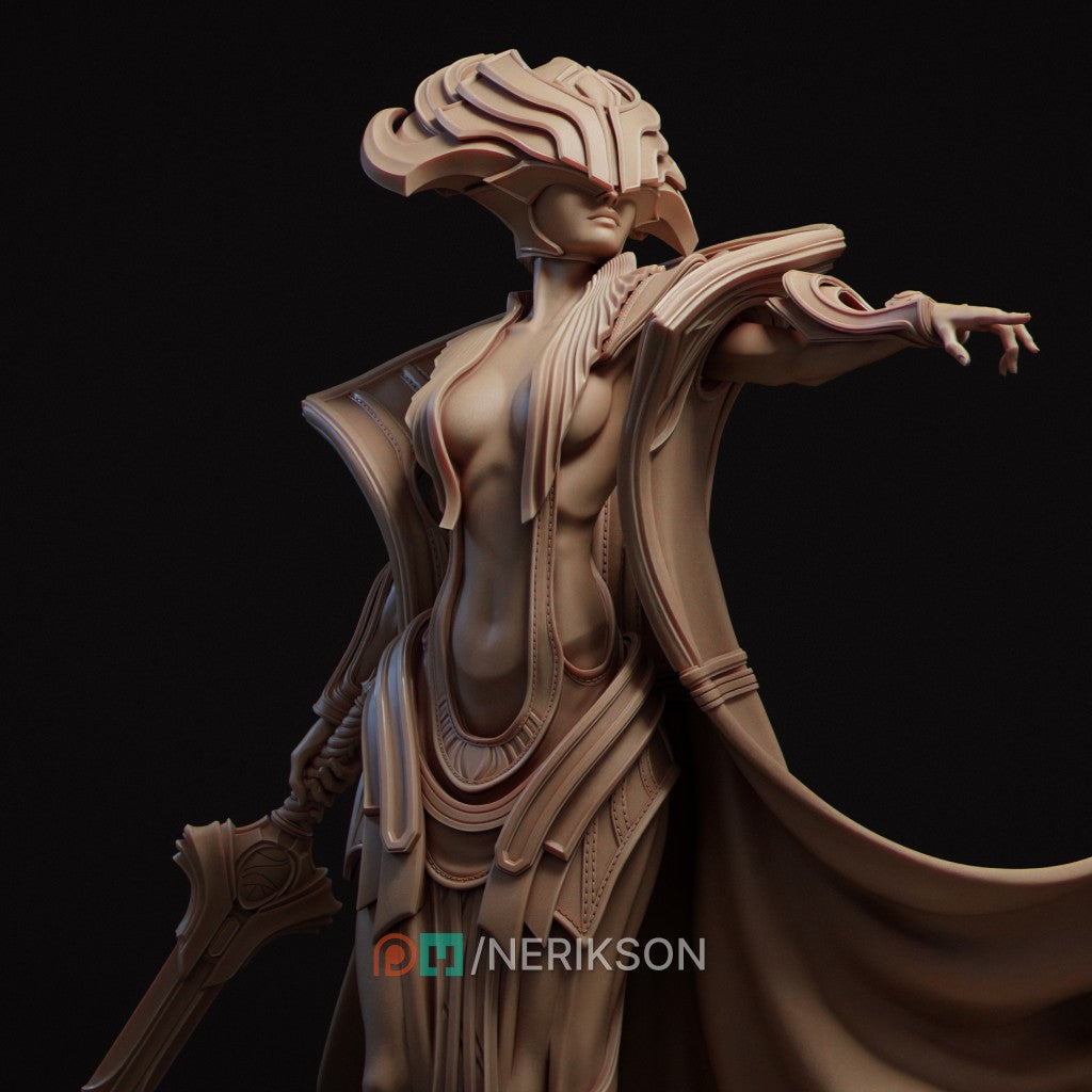 Incarnation of Destiny, a majestic female warrior-sorceress figure by Nerikson, printed in high-definition ABS-Like Resin.