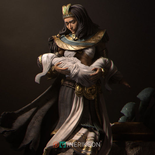 The Lost Guardian resin figurine by Nerikson showing a grieving Egyptian queen holding her wrapped baby, unpainted 3D printed display statue