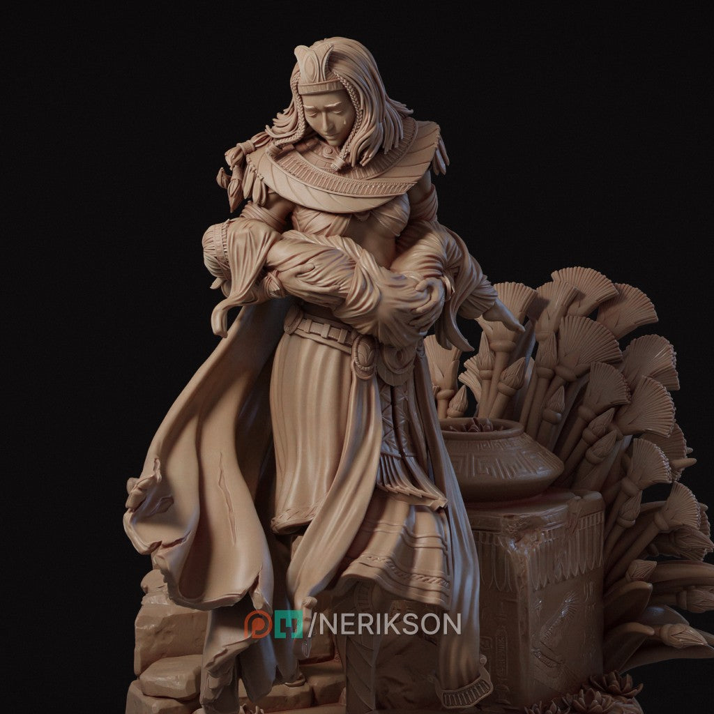 The Lost Guardian resin figurine by Nerikson showing a grieving Egyptian queen holding her wrapped baby, unpainted 3D printed display statue