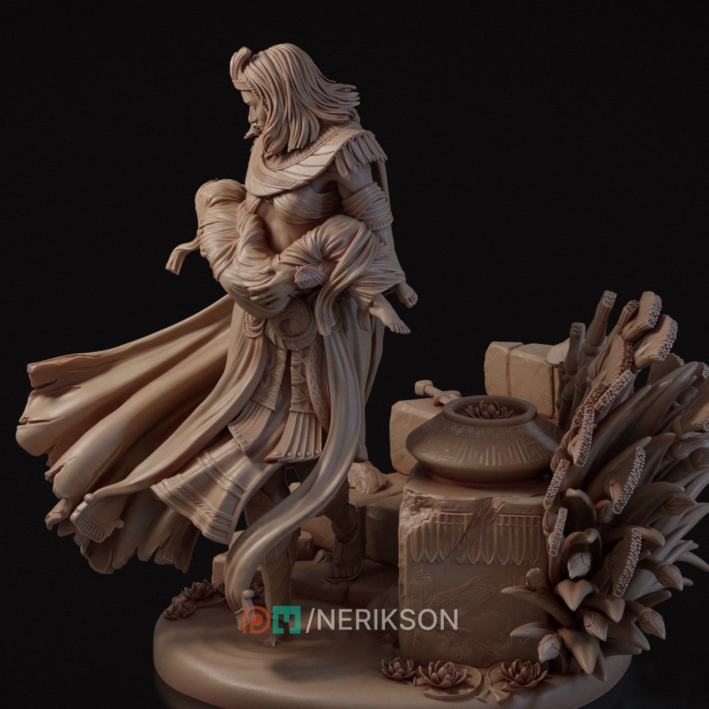 The Lost Guardian resin figurine by Nerikson showing a grieving Egyptian queen holding her wrapped baby, unpainted 3D printed display statue