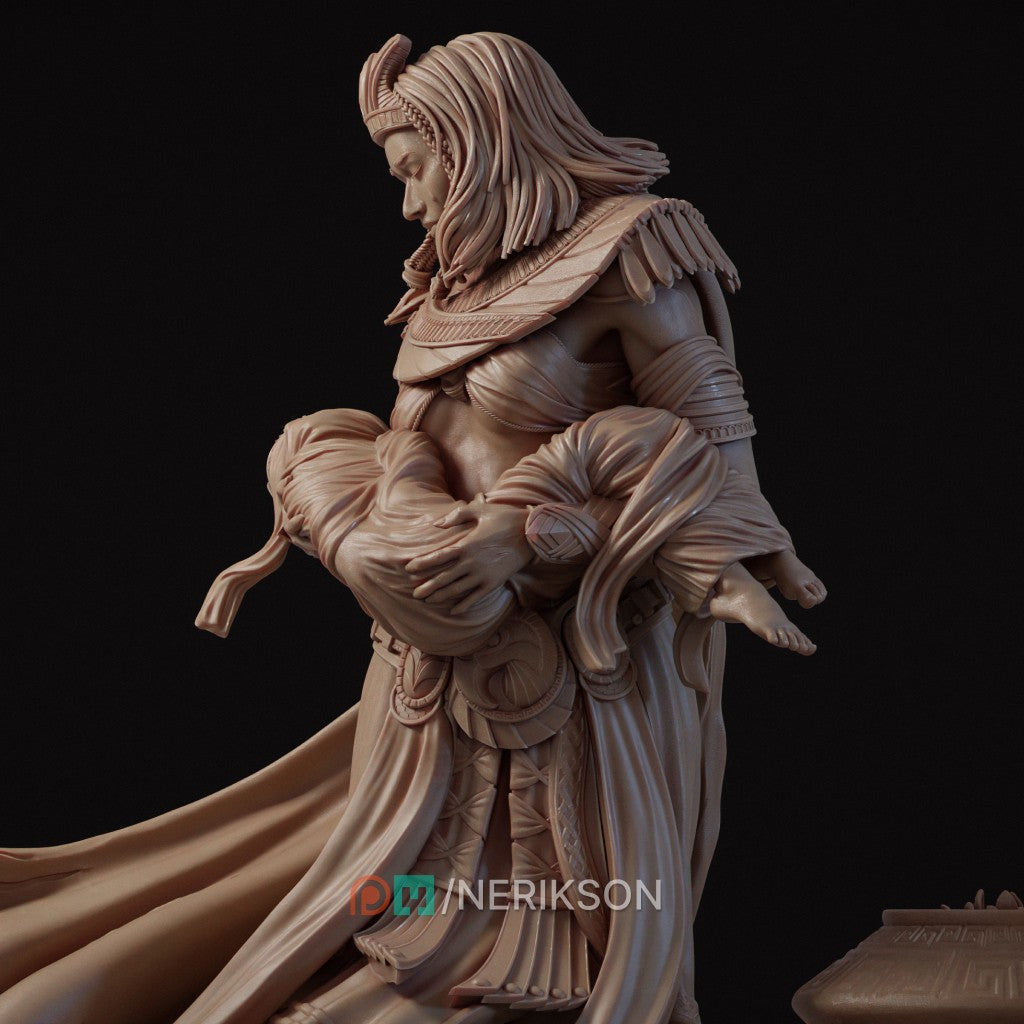 The Lost Guardian resin figurine by Nerikson showing a grieving Egyptian queen holding her wrapped baby, unpainted 3D printed display statue
