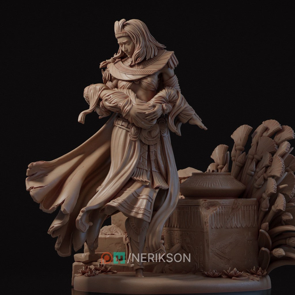 The Lost Guardian resin figurine by Nerikson showing a grieving Egyptian queen holding her wrapped baby, unpainted 3D printed display statue