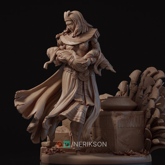 The Lost Guardian resin figurine by Nerikson showing a grieving Egyptian queen holding her wrapped baby, unpainted 3D printed display statue