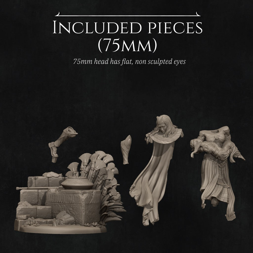 The Lost Guardian resin figurine by Nerikson showing a grieving Egyptian queen holding her wrapped baby, unpainted 3D printed display statue