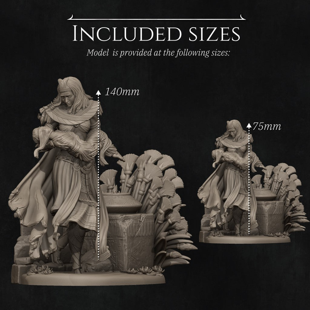 The Lost Guardian resin figurine by Nerikson showing a grieving Egyptian queen holding her wrapped baby, unpainted 3D printed display statue