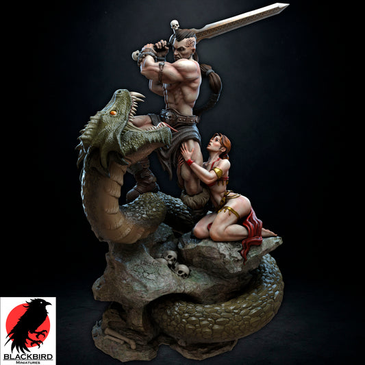 The Sword and the Basilisk 3D printed resin display figurine by Black Bird Miniatures depicting a barbarian warrior battling a giant serpent