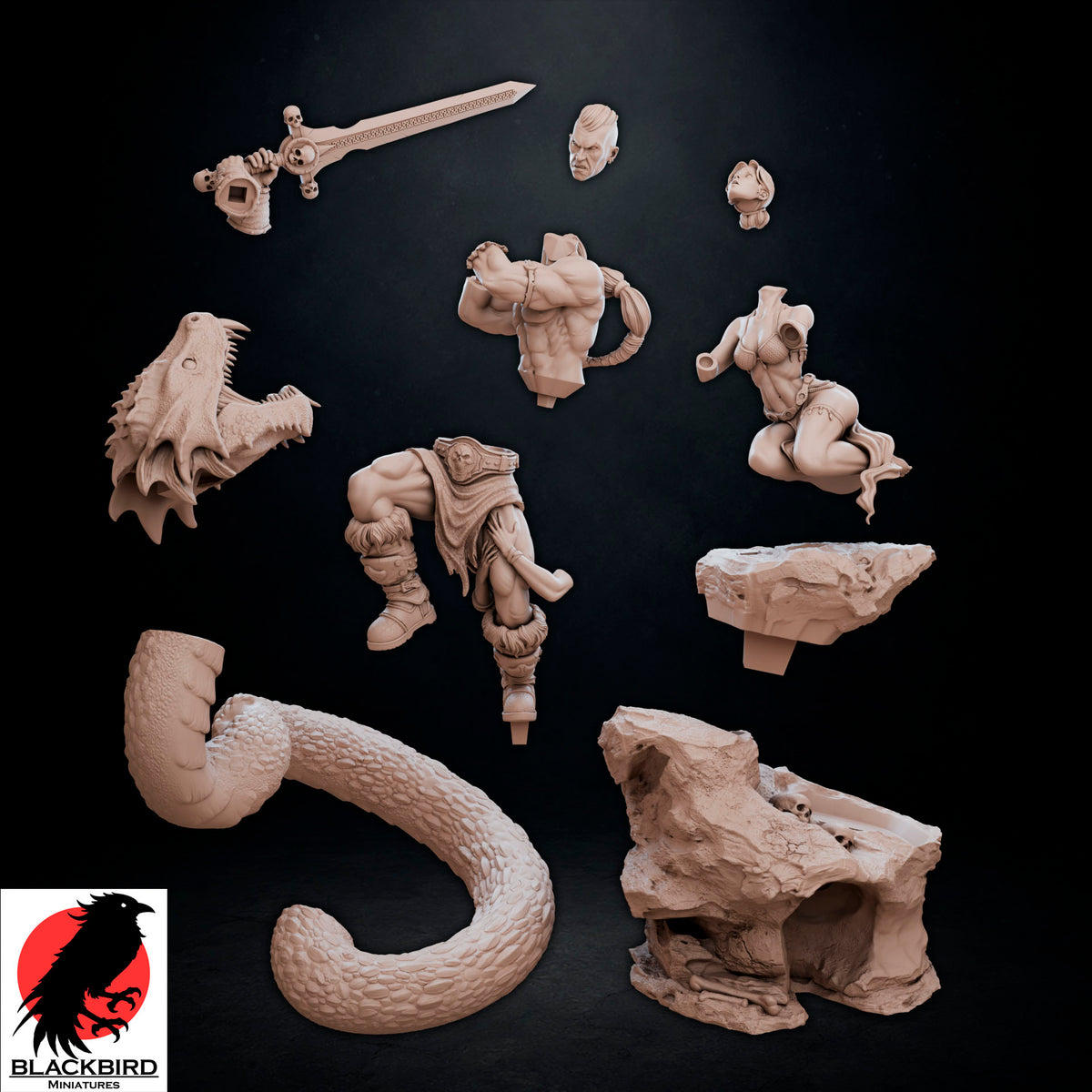 The Sword and the Basilisk 3D printed resin display figurine by Black Bird Miniatures depicting a barbarian warrior battling a giant serpent