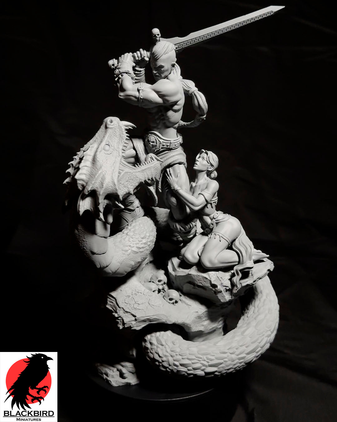 The Sword and the Basilisk 3D printed resin display figurine by Black Bird Miniatures depicting a barbarian warrior battling a giant serpent